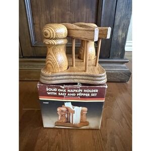 Vintage Solid Oak Napkin Holder Set w/ Salt & Pepper Shakers NOS NEW in Box!